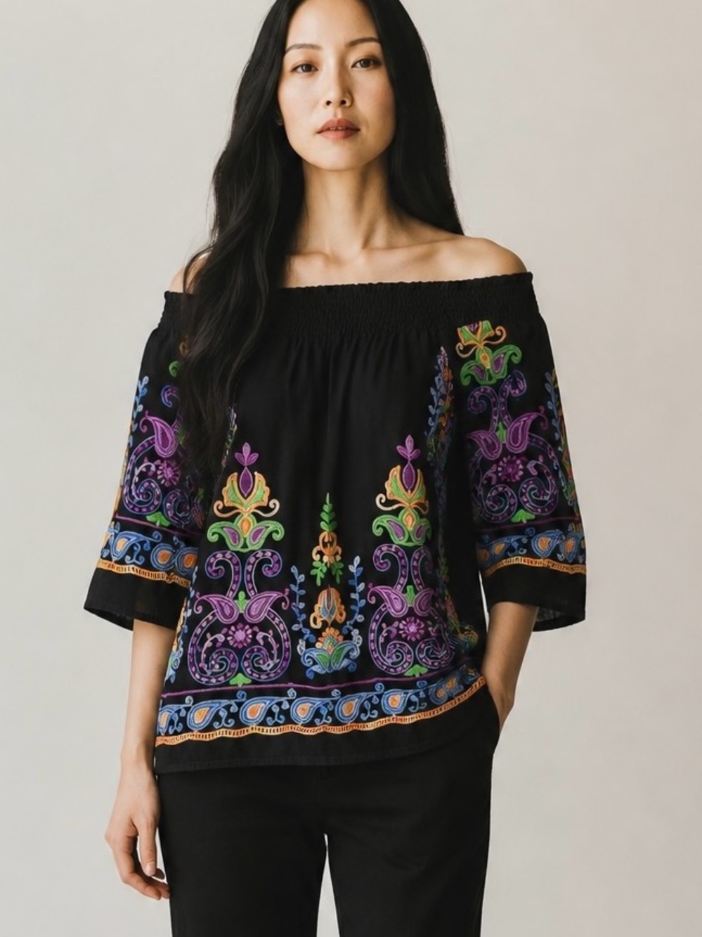 Beautiful Embroidered Boho Off-Shoulder Peasant Top 100% Cotton | Size S